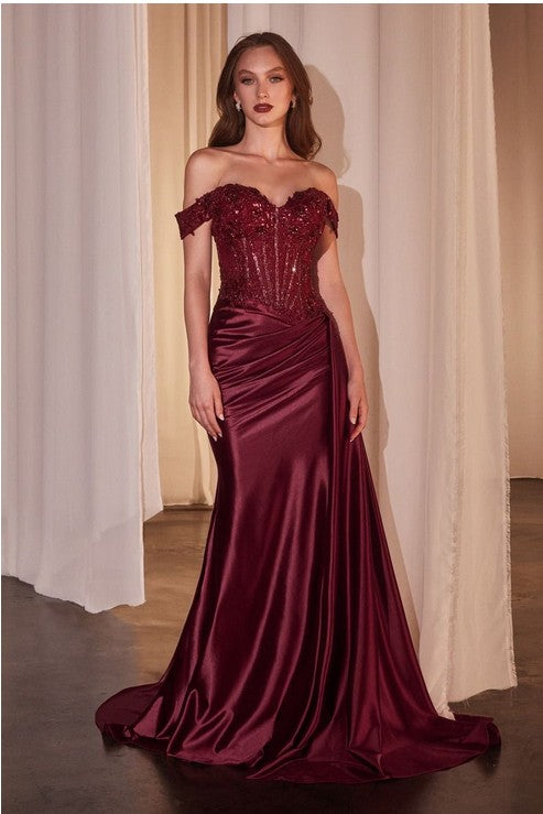 Off the shoulder lace & Satin fitted gown