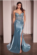 Satin & lace strapless fitted gown