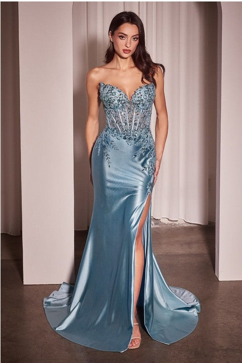 Satin & lace strapless fitted gown