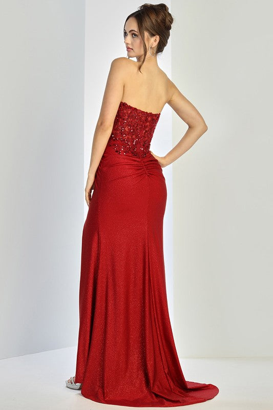 Strapless Embellished Metallic Stretch Satin Dress Non-returnable