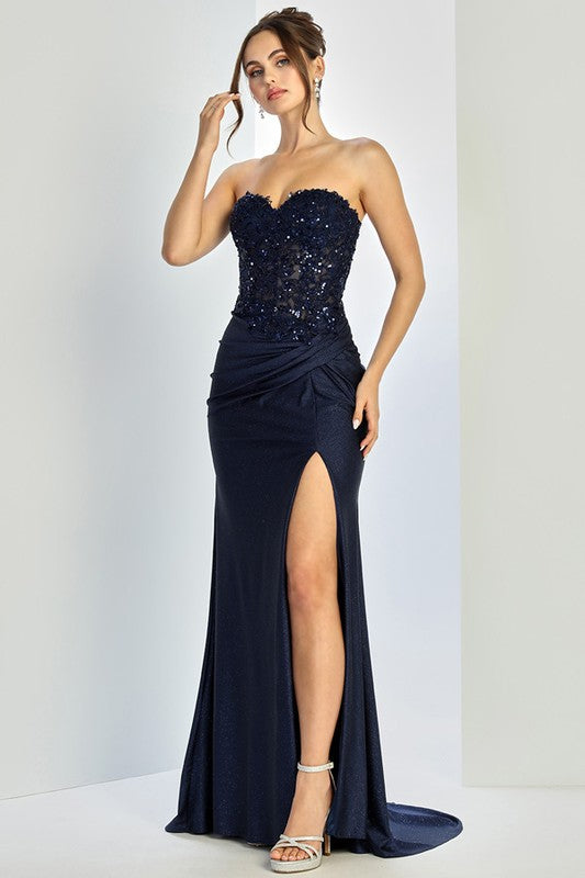 Strapless Embellished Metallic Stretch Satin Dress Non-returnable