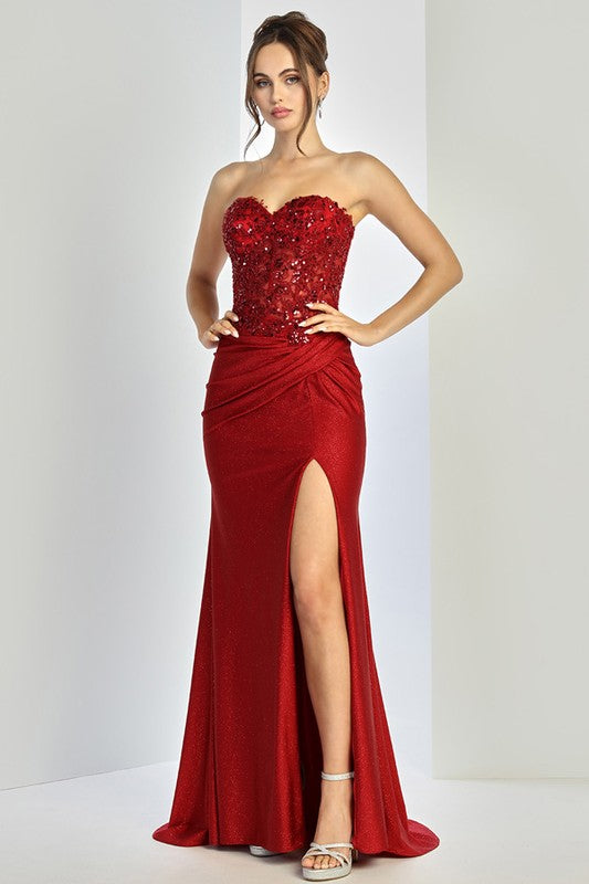 Strapless Embellished Metallic Stretch Satin Dress Non-returnable