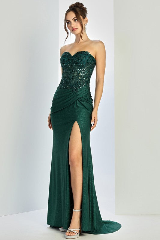 Strapless Embellished Metallic Stretch Satin Dress Non-returnable