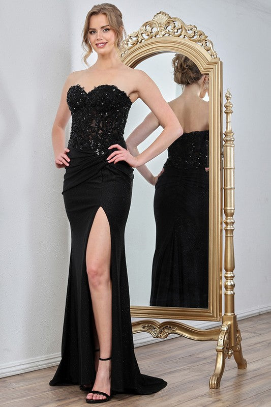 Strapless Embellished Metallic Stretch Satin Dress Non-returnable