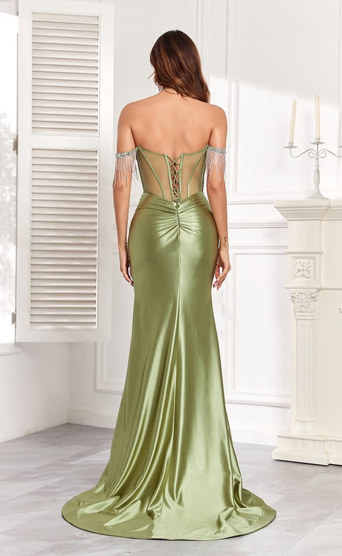Stretch satin off the shoulder fitted gown