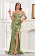 Stretch satin off the shoulder fitted gown