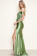 Span Satin With Rhinestone Off The Shoulder Dress
