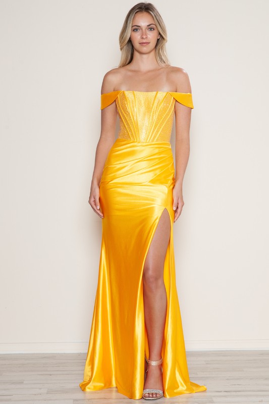Span Satin With Rhinestone Off The Shoulder Dress