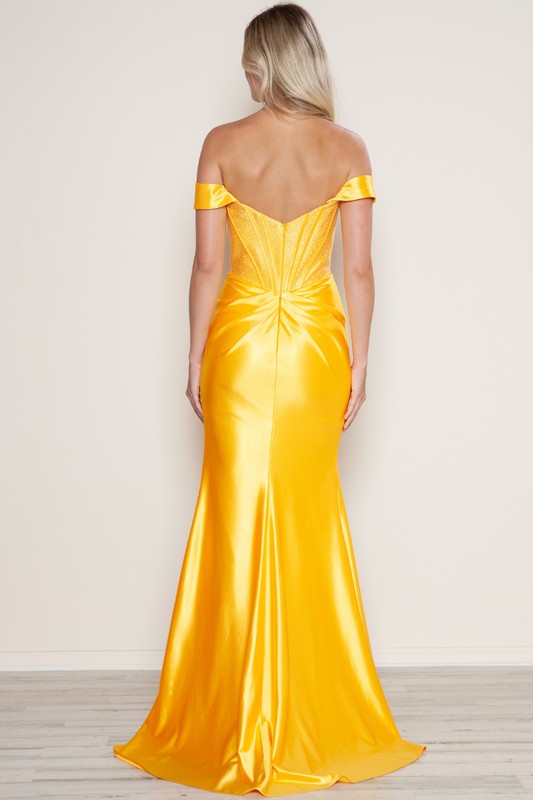 Span Satin With Rhinestone Off The Shoulder Dress