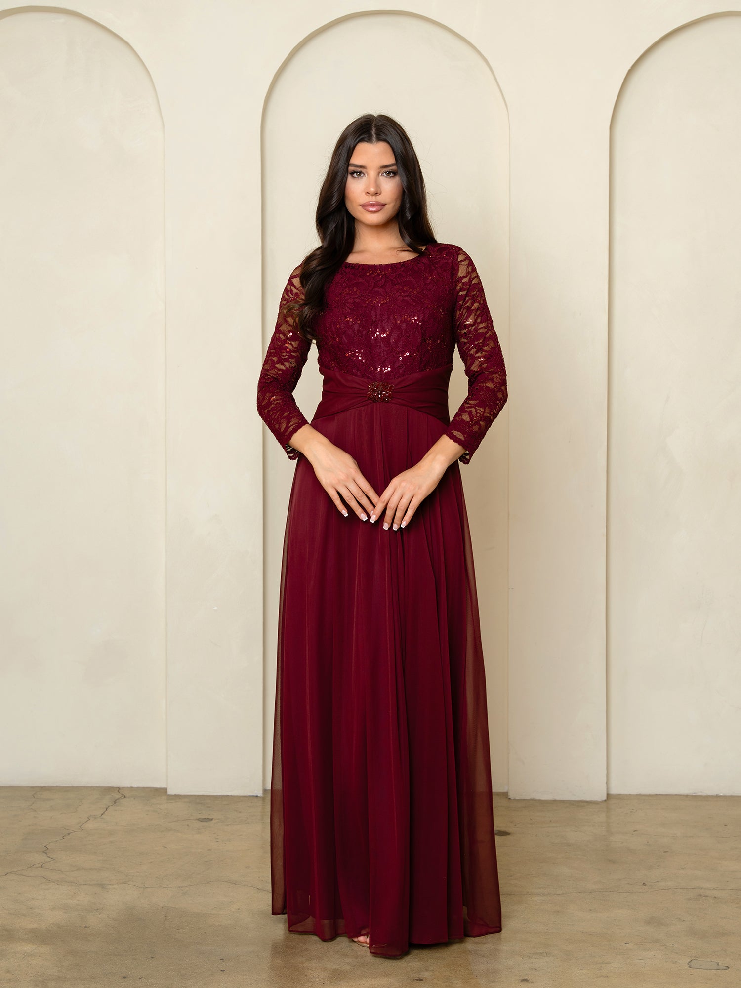 Mama Lace & stretch chiffon gown with brooch detail