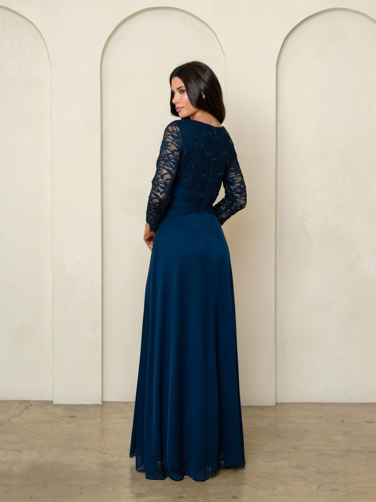 Mama Lace & stretch chiffon gown with brooch detail