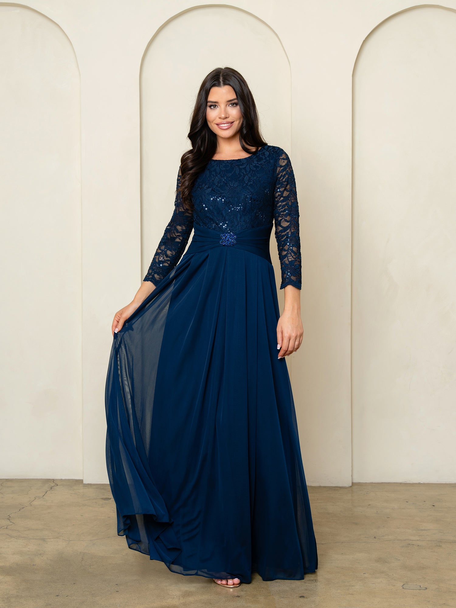 Mama Lace & stretch chiffon gown with brooch detail