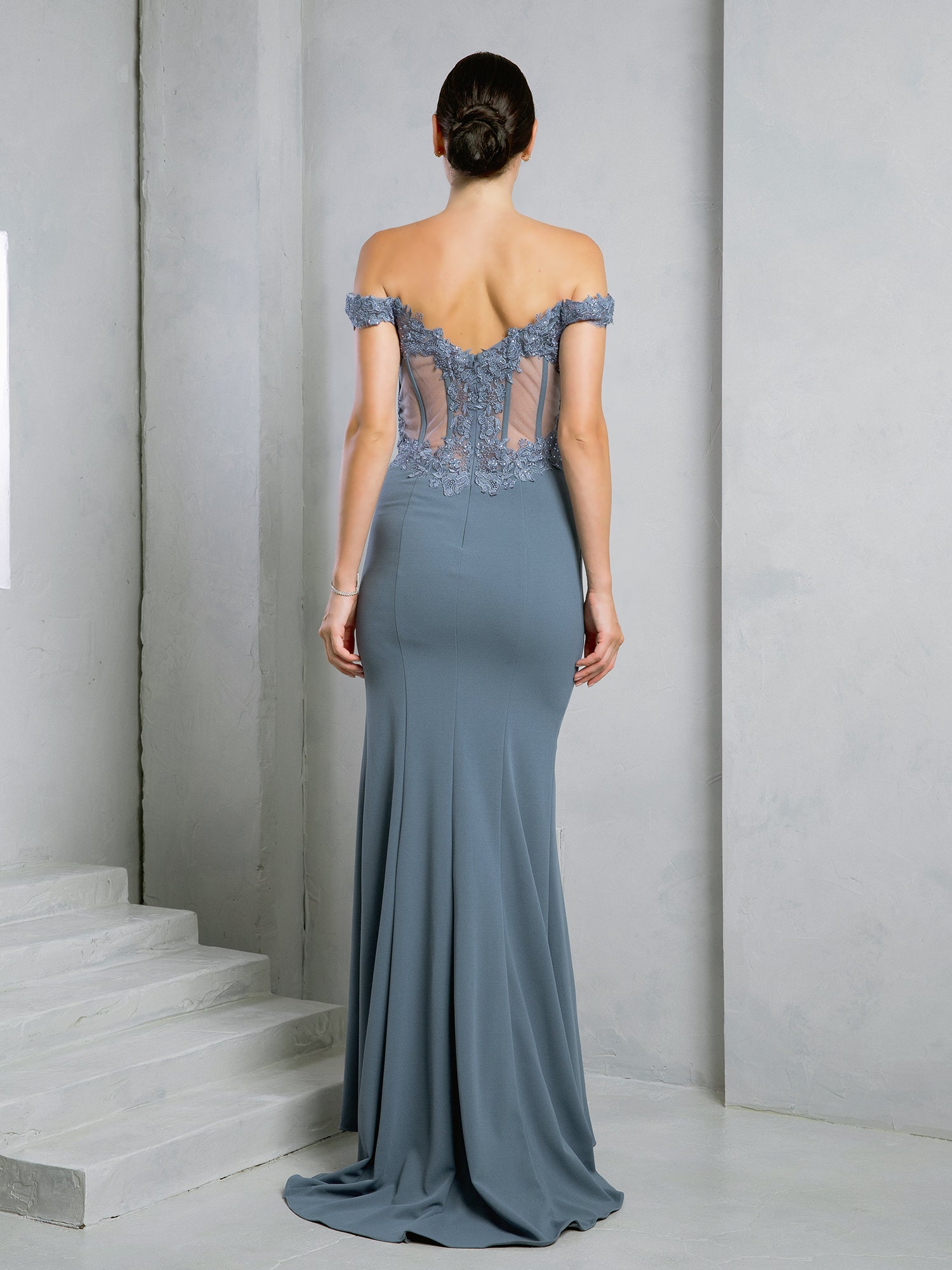 Off shoulder fit and flare gown with train