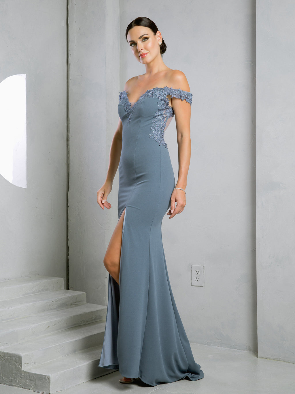 Off shoulder fit and flare gown with train