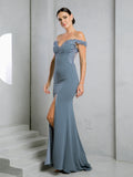 Off shoulder fit and flare gown with train