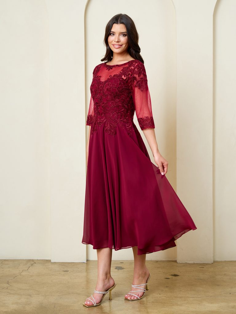 Solid Mob Tea lenght A line embellished dress