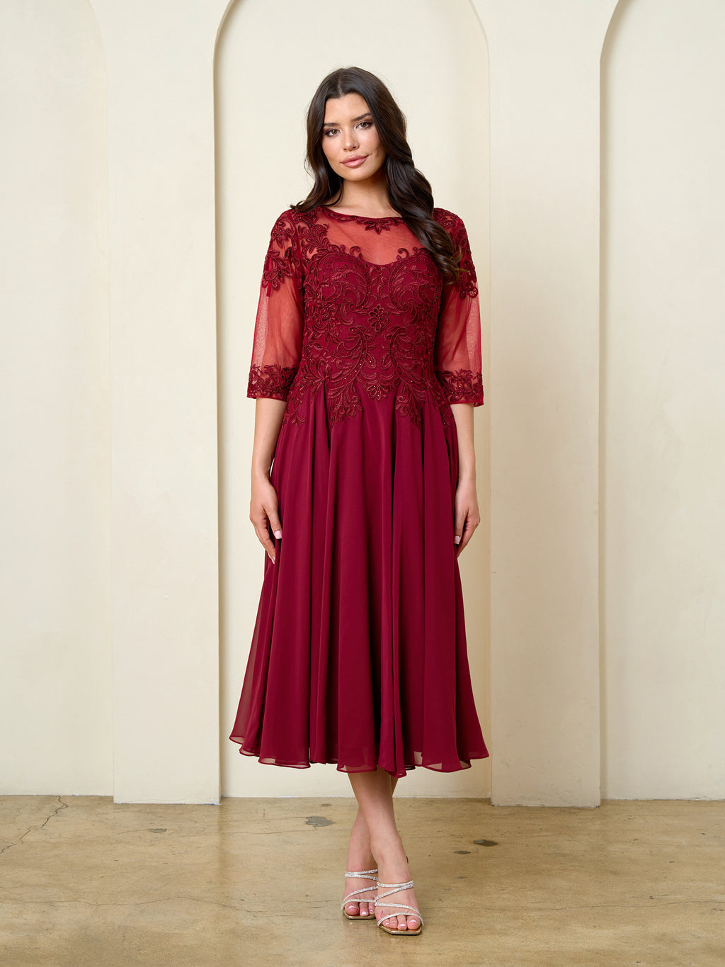 Solid Mob Tea lenght A line embellished dress