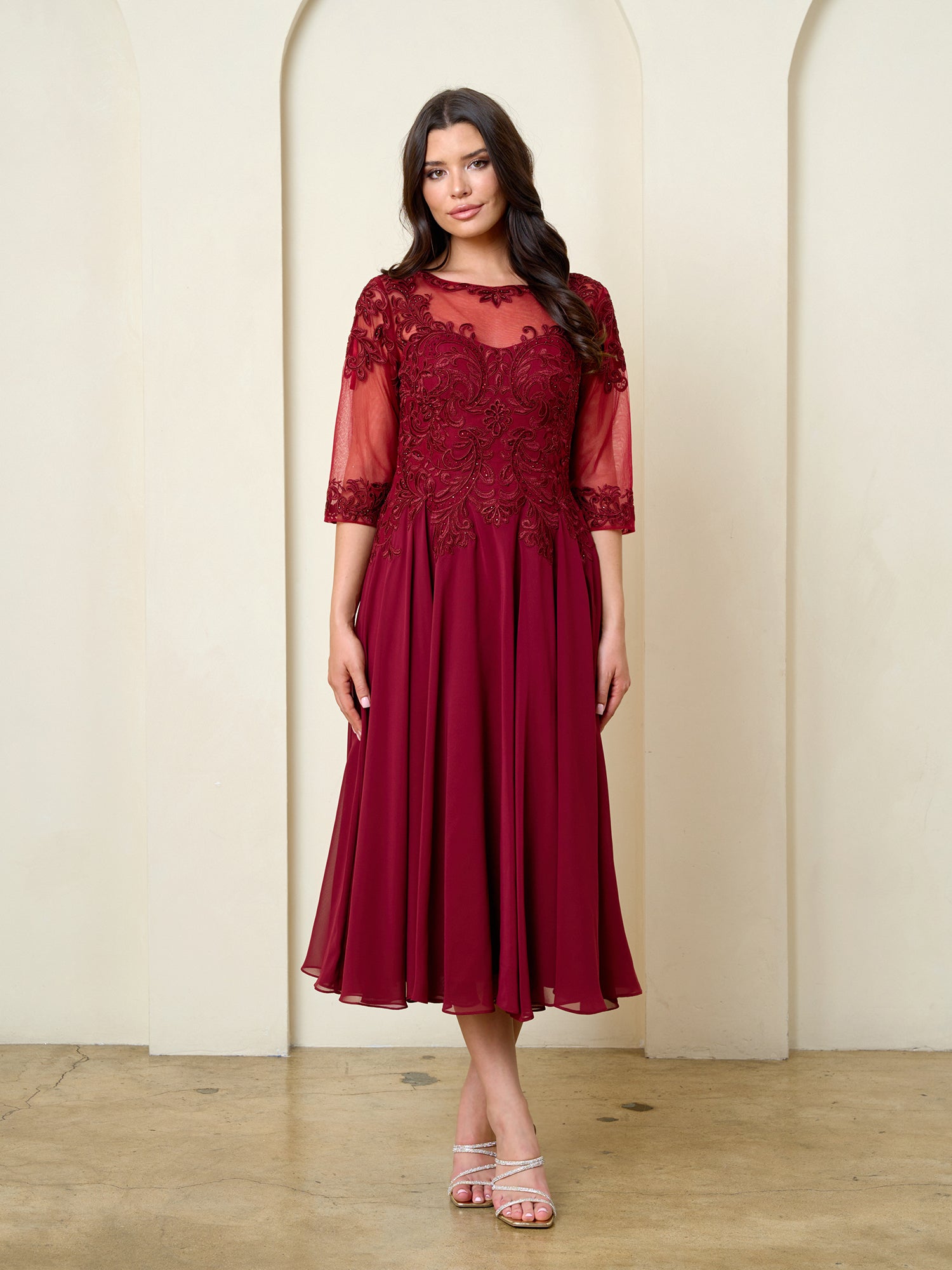 Solid Mob Tea lenght A line embellished dress